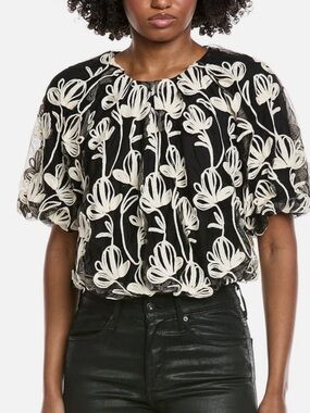 Gracia Black Cream Floral Embroidered Lace Puff-Sleeve Blouse Top Size Small NWT